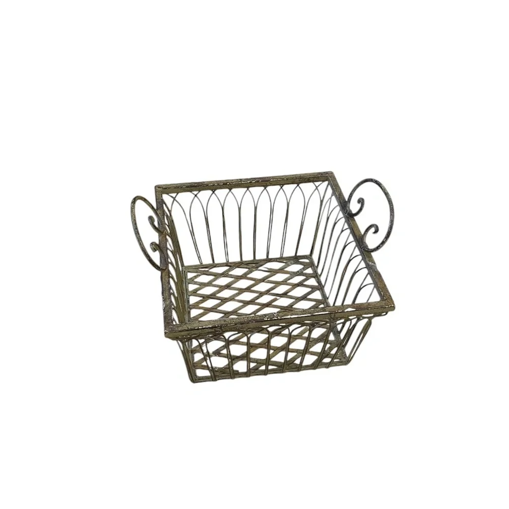 Vintage Wrought Iron Square‎ Ornate Handles Basket Sage Green, Set Of 2